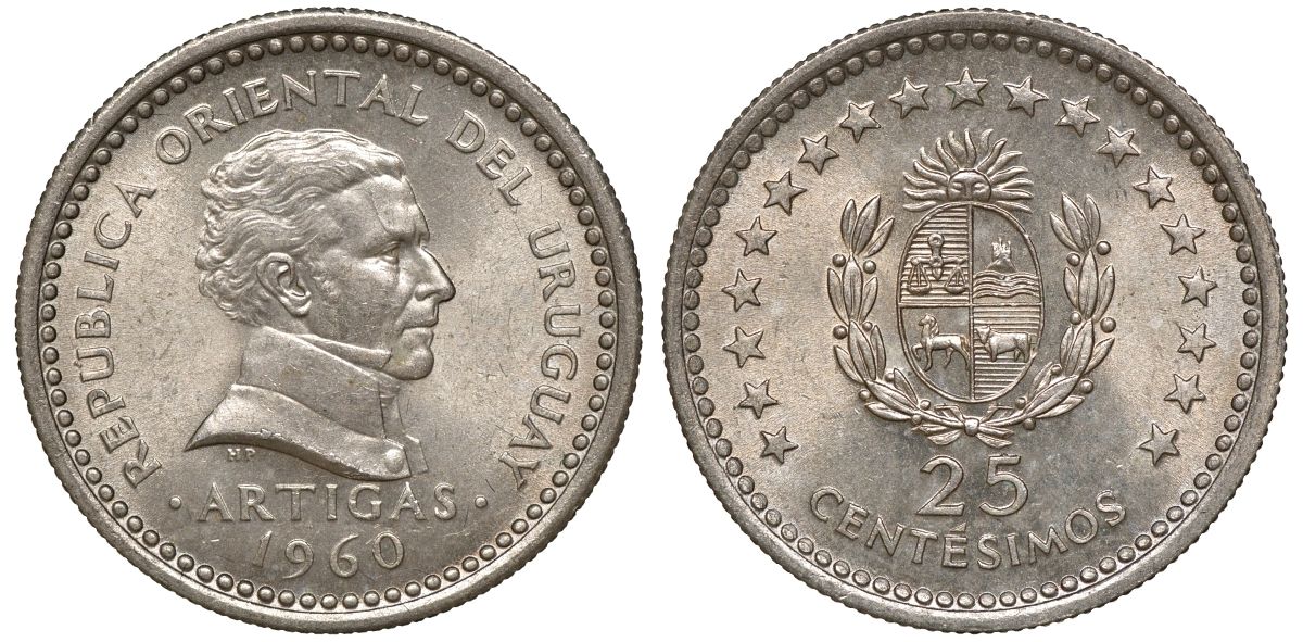 Уругвай 25 сентесимо 1960 KM 40 медно-никель 4169-812