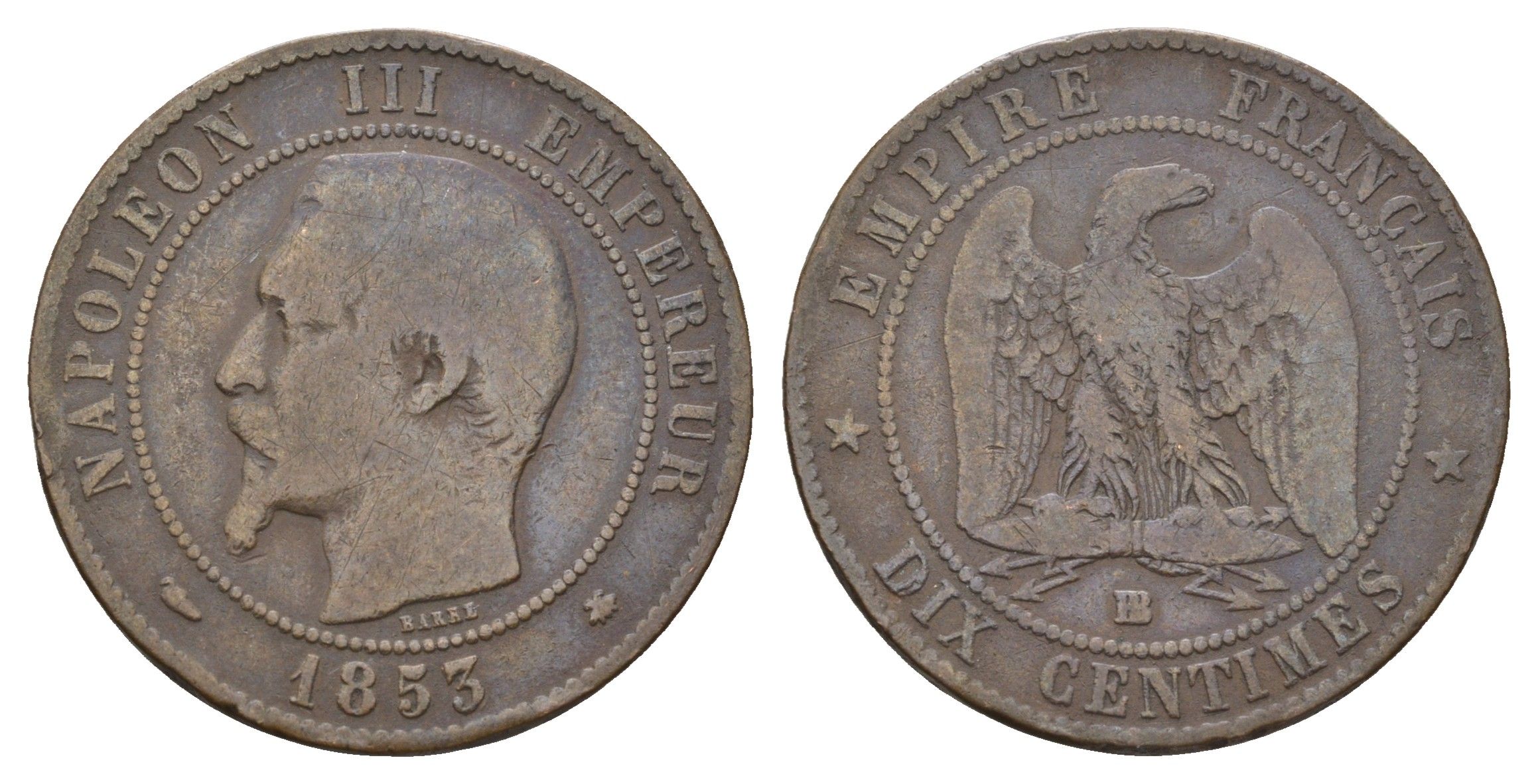Франция 10 сантимов 1853 BB, Наполеон III (1852-1870) KM 771.3 бронза 36-1226
