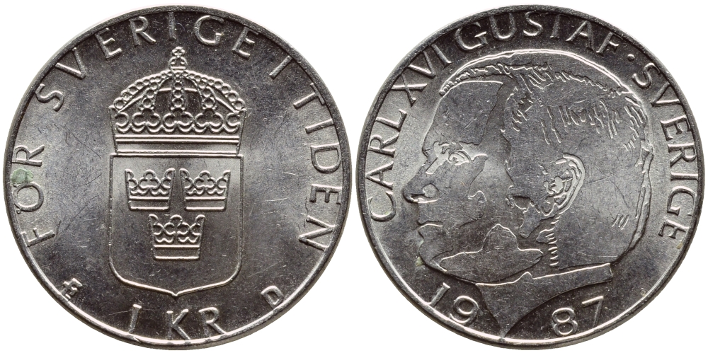 Швеция 1 крона 1987 Карл XVI Густав (1973- ) KM 852a медно-никель 4397-1212