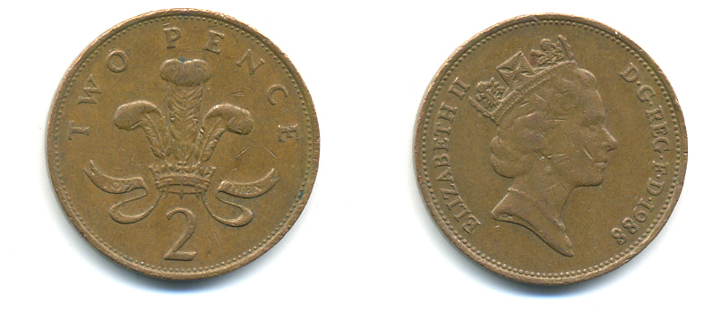 Великобритания 2 пенса 1988 Елизавета II (1952-2022) KM 936, Spink 4376 (C3) бронза 177-832
