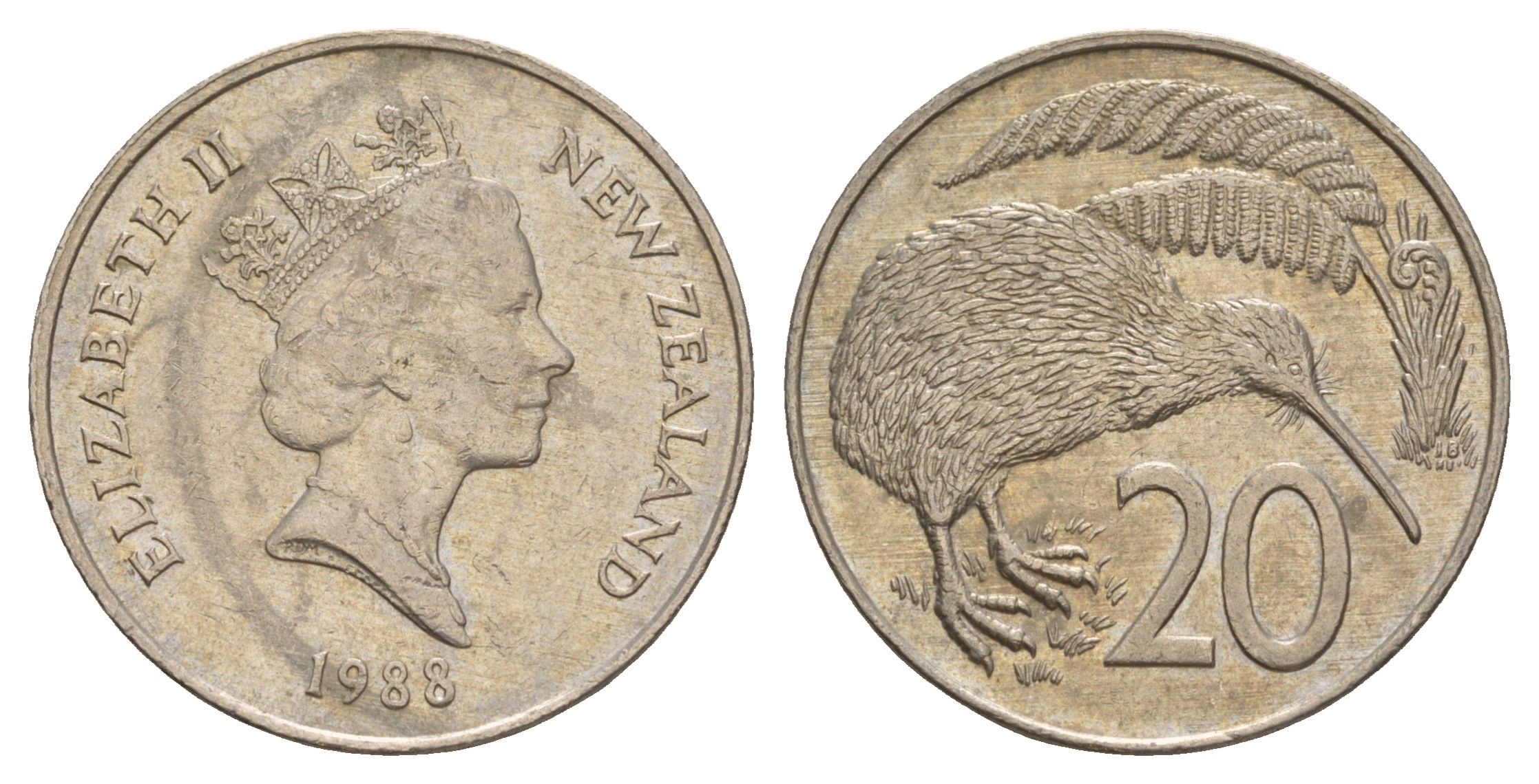 Новая Зеландия 20 центов 1988 Елизавета II (1952-2022), птичка киви KM 62 медно-никель 4650-757