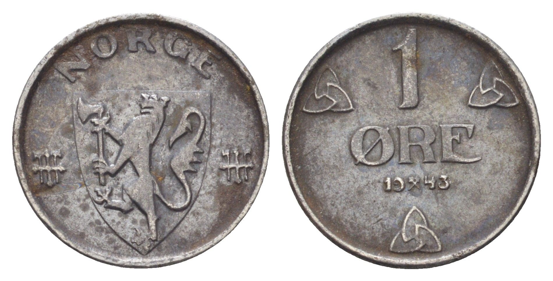 Норвегия 1 эре 1943 Хокон VII (1905-1957) KM 387 железо 4701-544