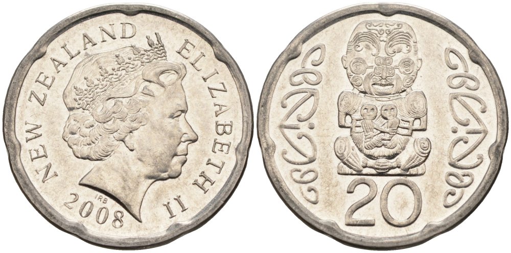 Новая Зеландия 20 центов 2008 Елизавета II (1952-2022), идол Пукаки KM 118а никелированная сталь 4579-1222
