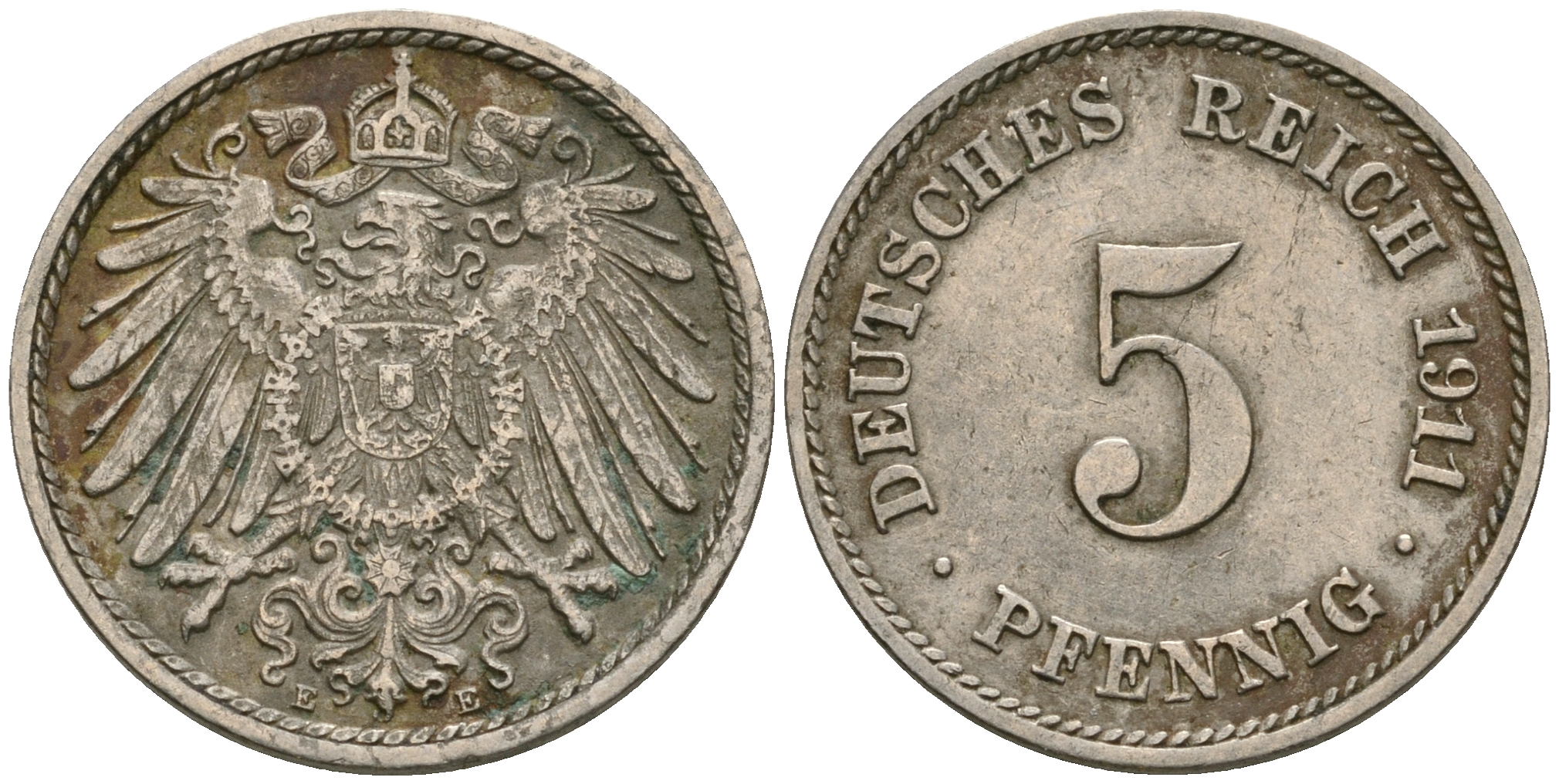 Германия 5 пфеннигов 1911 E KM 11, Jager 12, Weege 6 медно-никель 08-1322