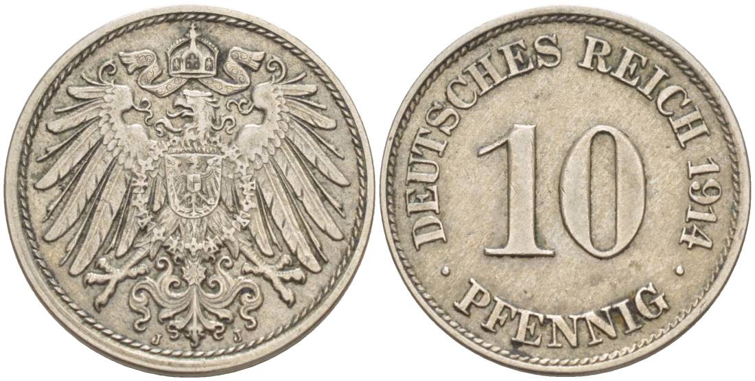 Германия 10 пфеннигов 1914 J KM 12, Jager 13, Weege 8 медно-никель 219-244