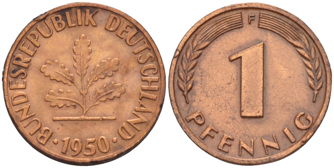 ФРГ 1 ПФЕННИГ 1950 F KM 105, J.380 сталь плакированная медью 4532-1266