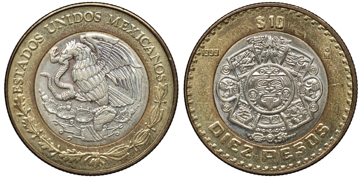 Мексика 10 песо 1999 Мо, бог Тонатиуха с огненной маской KM 616 биметалл UNC 4367-1046