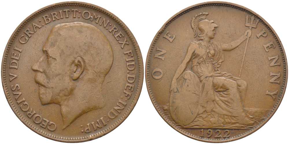 Великобритания 1 пенни 1922 Георг V (1910-1936) KM 810, Spink 4051 бронза 115-223