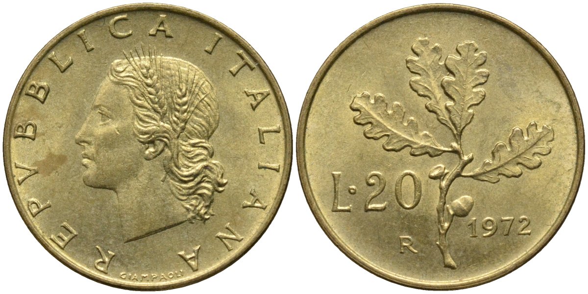 Италия 20 лир 1972 R, дубовая ветвь KM 97.2 алюминиевая бронза 4171-913