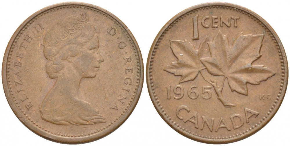 Канада 1 цент 1965 Елизавета II (1952-2022), кленовый лист KM 59.1 бронза 4532-443