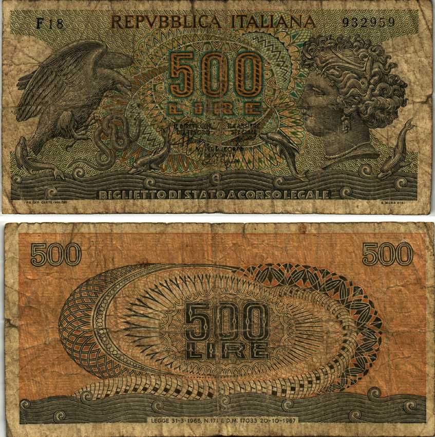 Италия 500 лир 1967 20 октября 1967 Pick 93a бумага 6312-58-3-2