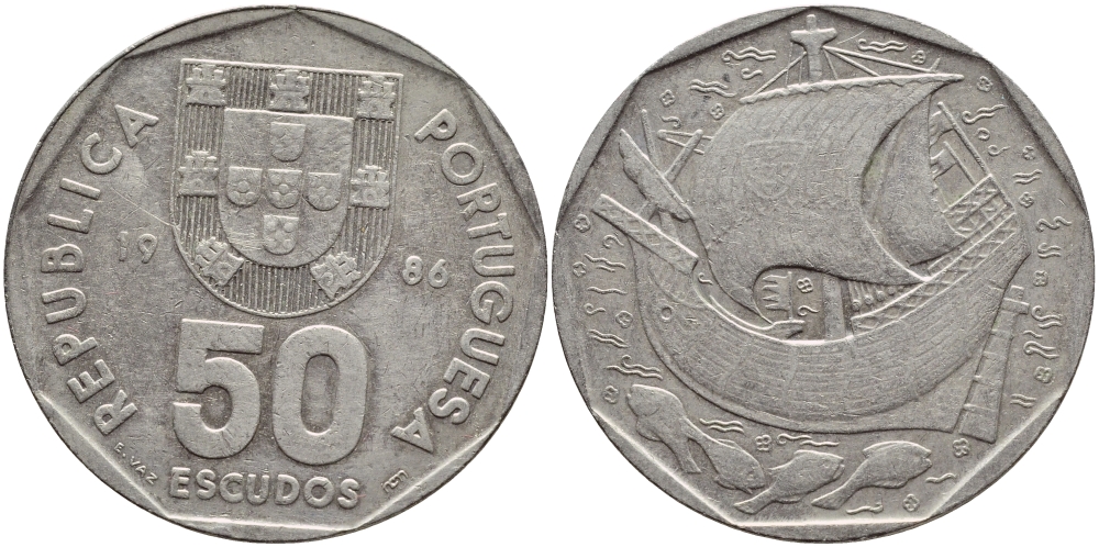 ПОРТУГАЛИЯ 50 ЭСКУДО 1986 KM 636 медно-никель 4394-813