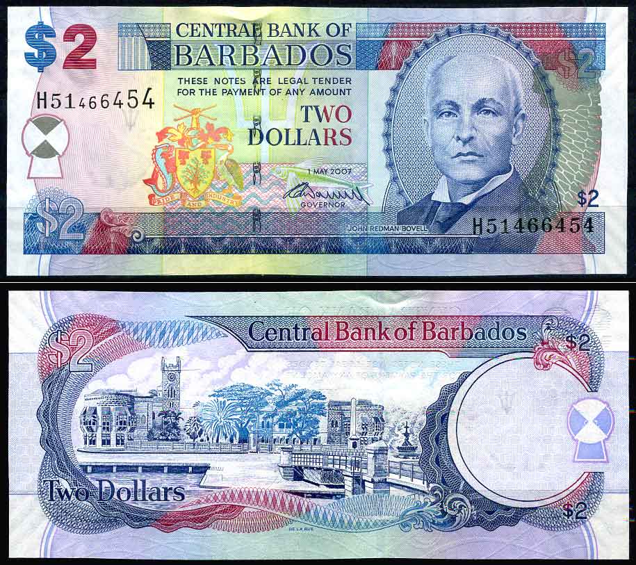 Барбадос 2 доллара 2007 Джон Редман Бовел, подпись WORRELL, Трафальгарская площадь в Бриджстоуне Pick 66 b бумага UNC (пресс)   447-10-1