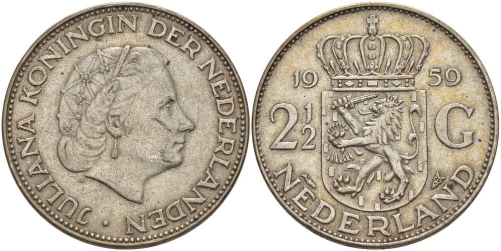 Нидерланды 2 1/2 гульдена 1959 Юлиана (1948-1980) KM 185 серебро 82-1144