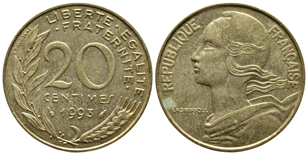 ФРАНЦИЯ 20 САНТИМОВ 1993 KM 930 медь алюминий никель 93-1356