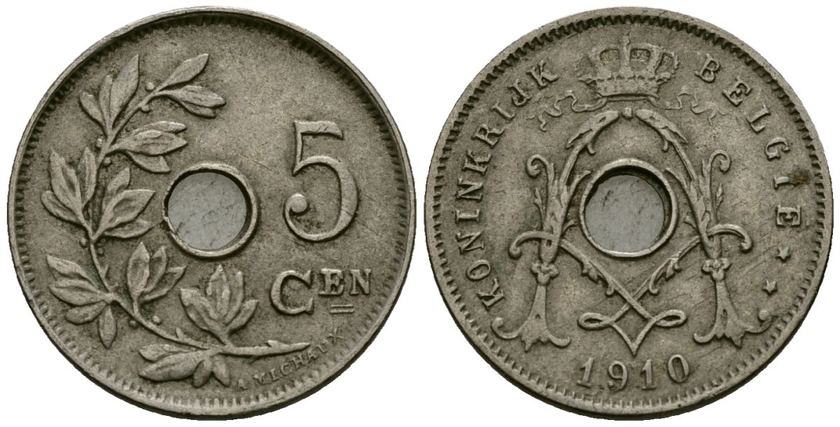 Бельгия 5 сантимов 1910 Belgie KM 67 медно-никель 4173-161