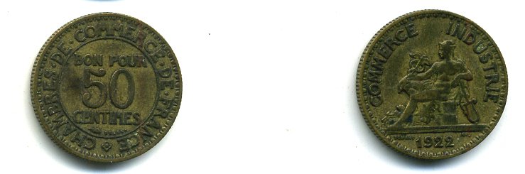 Франция 50 сантимов 1922 тип Chambre de Commerce KM 884, Le Franc 191.5 алюминиевая бронза 35-757
