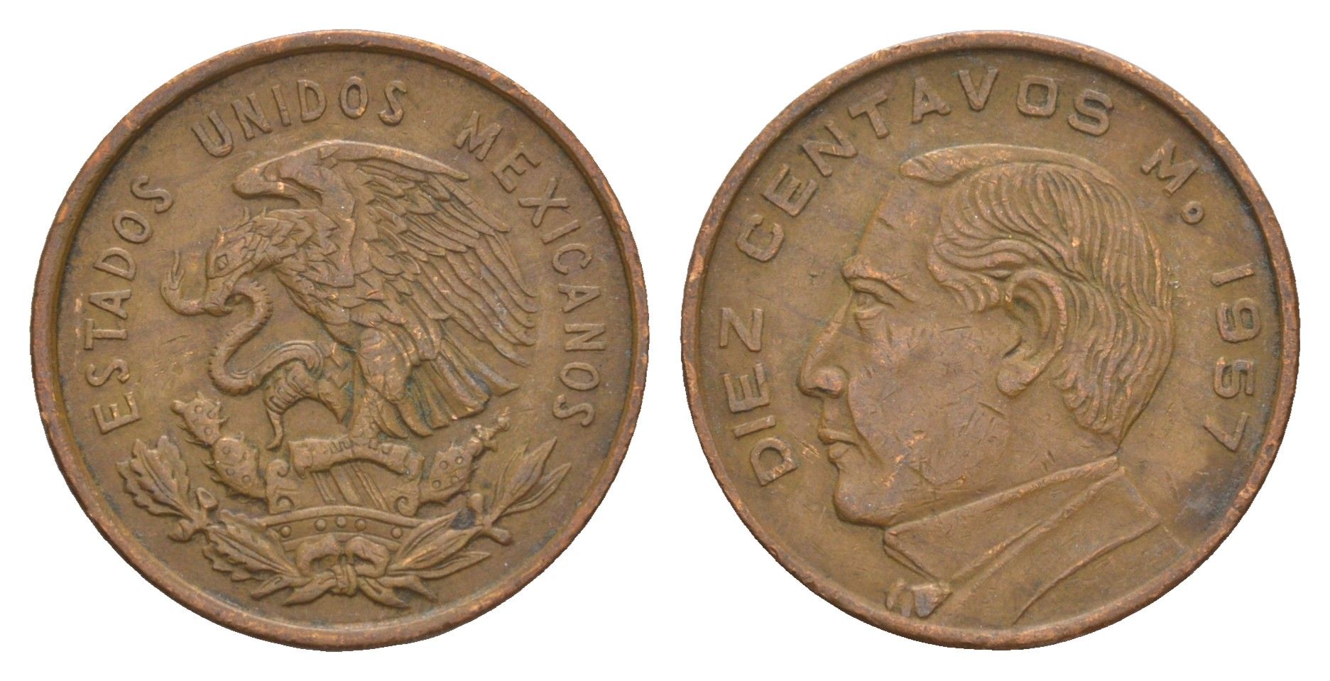Мексика 10 сентаво 1957 KM 433 бронза 4656-1152