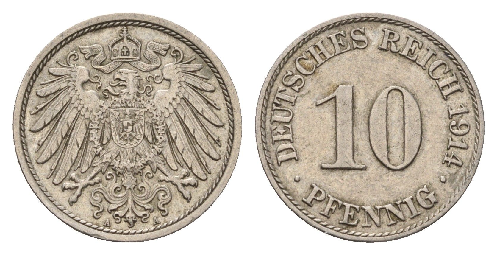 Германия 10 пфеннигов 1914 A, Вильгельм II (1888-1918) KM 12, J. 13 медно-никель 4636-1042