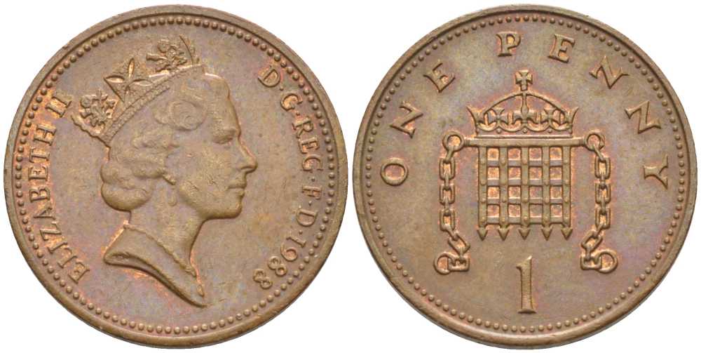 Великобритания 1 пенни 1988 Елизавета II (1952-2022) KM 935, Spink 4381 (B3) бронза 117-131