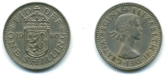 Великобритания 1 шиллинг 1960 Елизавета II (1952-2022), Английский герб KM 904, Spink 4147 46-2641
