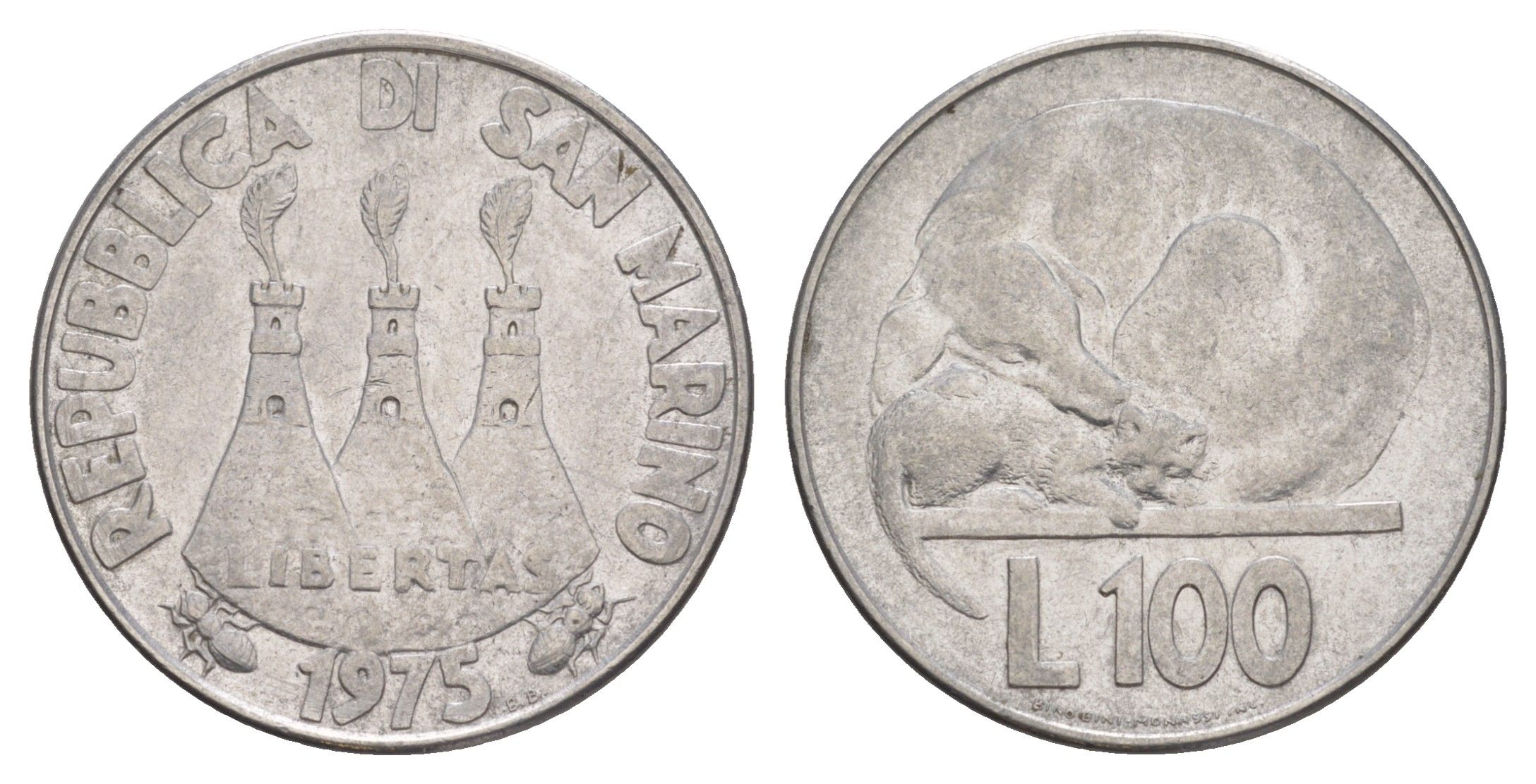 Сан-Марино 100 лир 1975 Любовь у животных KM 46 нержавеющая сталь UNC 4648-235