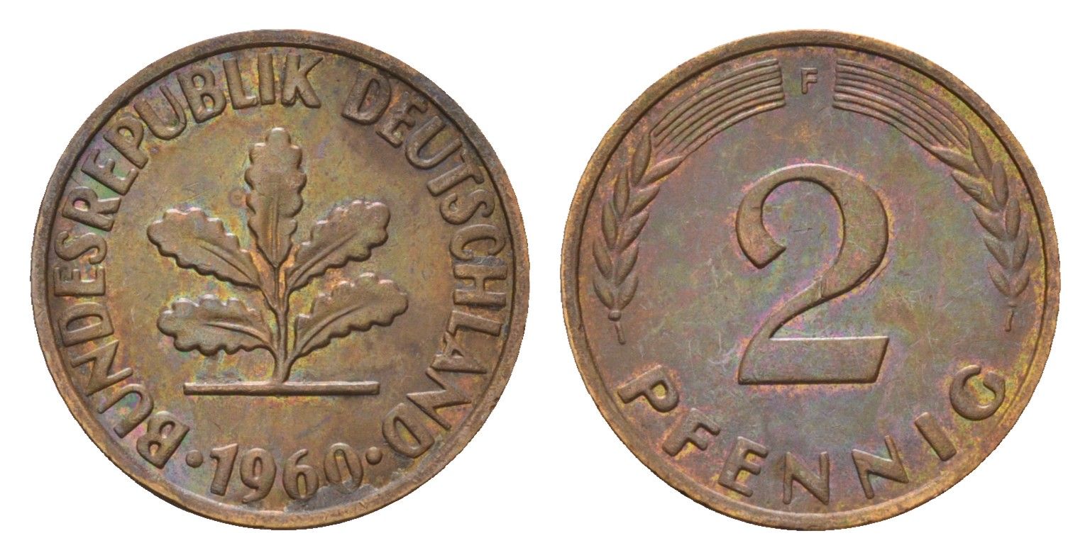 ФРГ 2 пфеннига 1960 F KM 106, J. 381 бронза 4547-1035