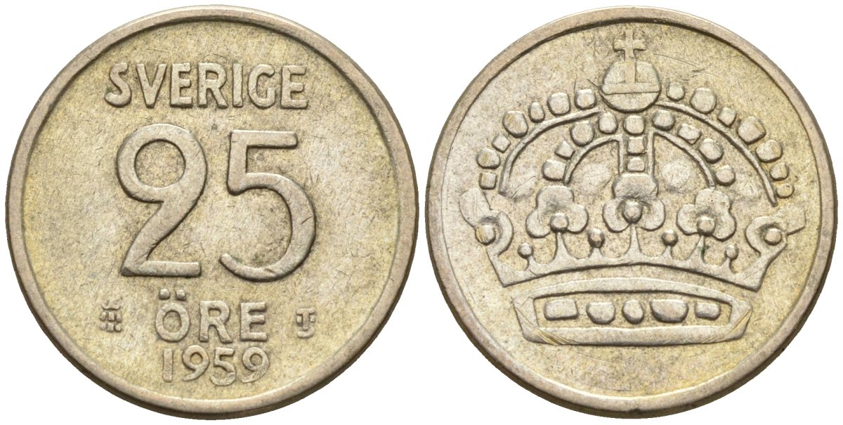 Швеция 25 эре 1959 TS, Густав VI Адольф (1950-1973) KM 824 серебро 4147-1067