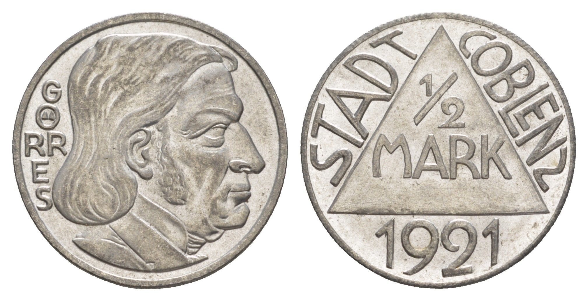 Кобленц 1/2 марки 1921 Funck 80.9A, Men05 4526.18, Men18 5727.18/20 сталь UNC 4586-911