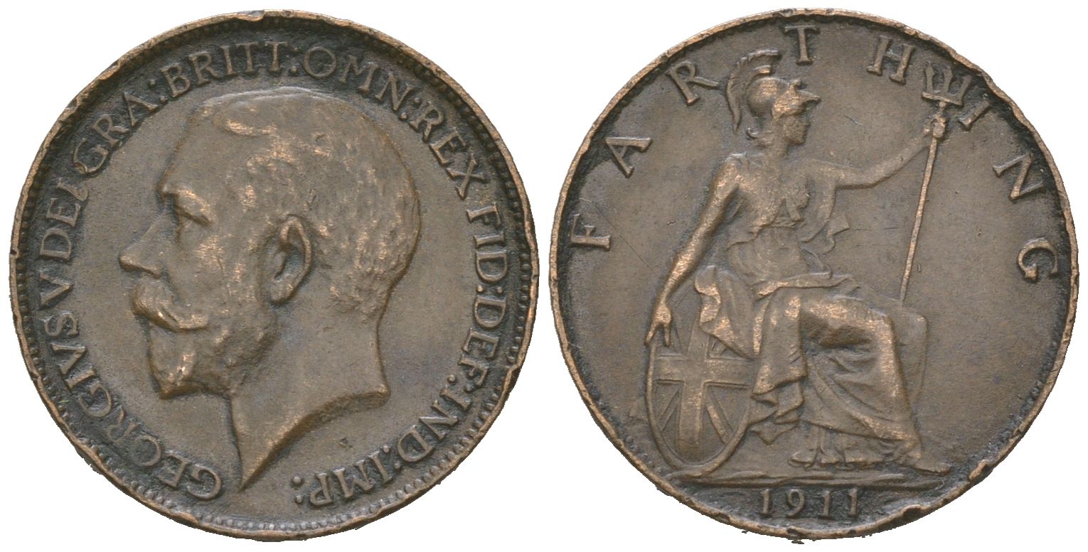 Великобритания 1 фартинг 1911 Георг V (1910-1936) KM 808.1, Spink 4059 бронза 4618-866