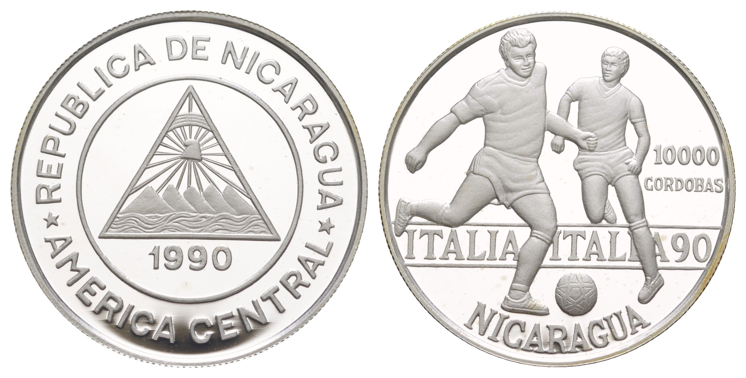 Никарагуа 10000 кордоб 1990 Чемпионат Мира по футболу 1990 KM 66 серебро PROOF 1083-1-11