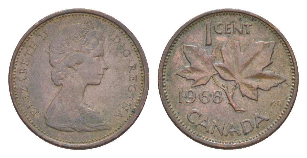 Канада 1 цент 1968 Елизавета II (1952-2022), кленовый лист KM 59 бронза 4630-546