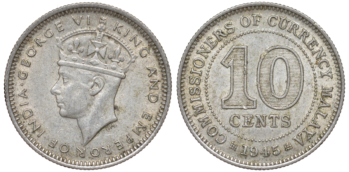 Британская Малайя 10 центов 1943 Георг VI (1937-1952) KM 4a серебро 53-227