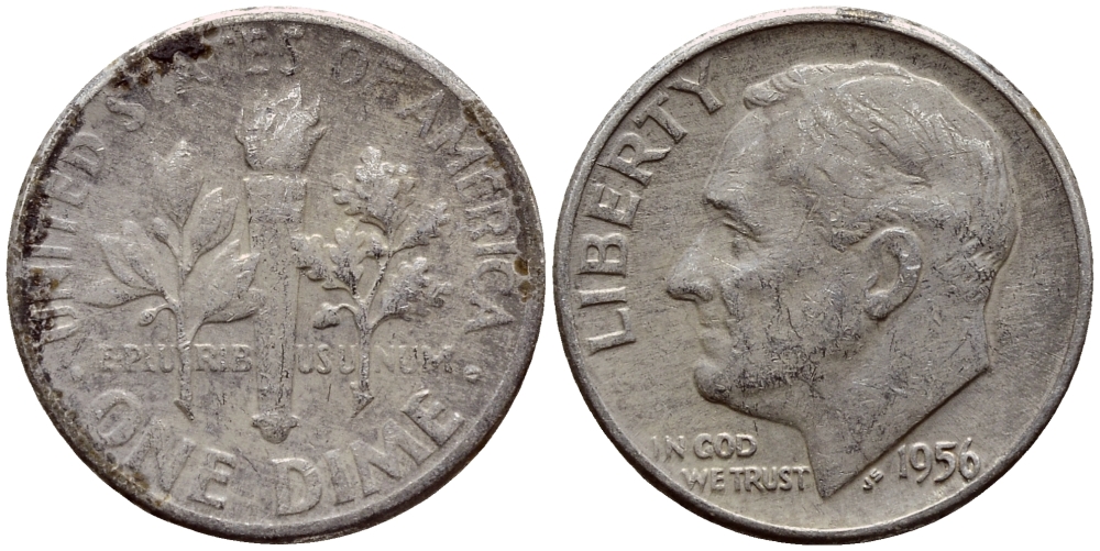 США 10 центов (дайм) 1956 президент Рузвельт KM 195 серебро 00-00