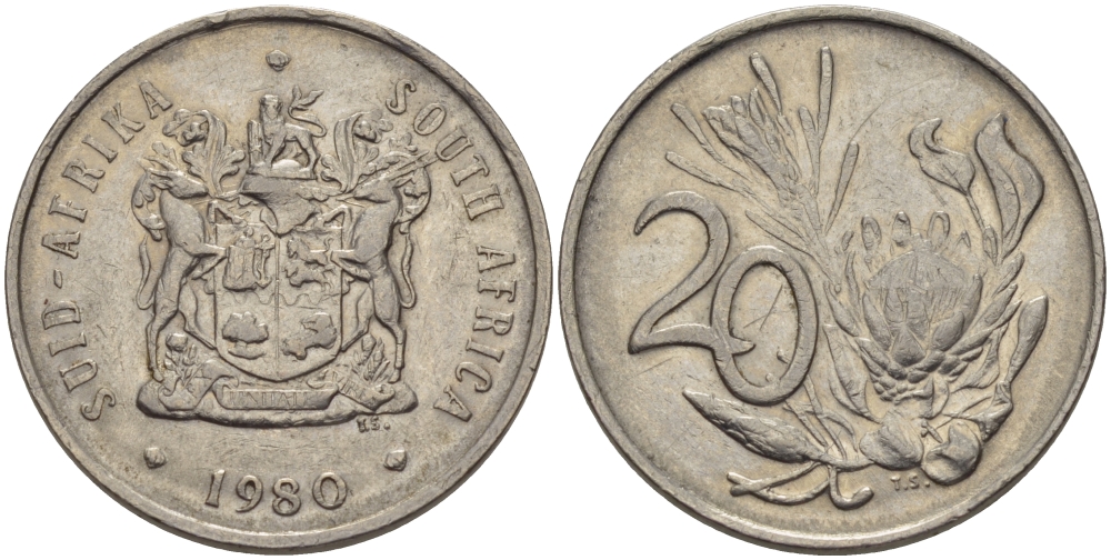 ЮАР 20 ЦЕНТОВ 1980 ГЕРБ, ЦВЕТОК ПРОТЕЯ KM 85 никель 67-452