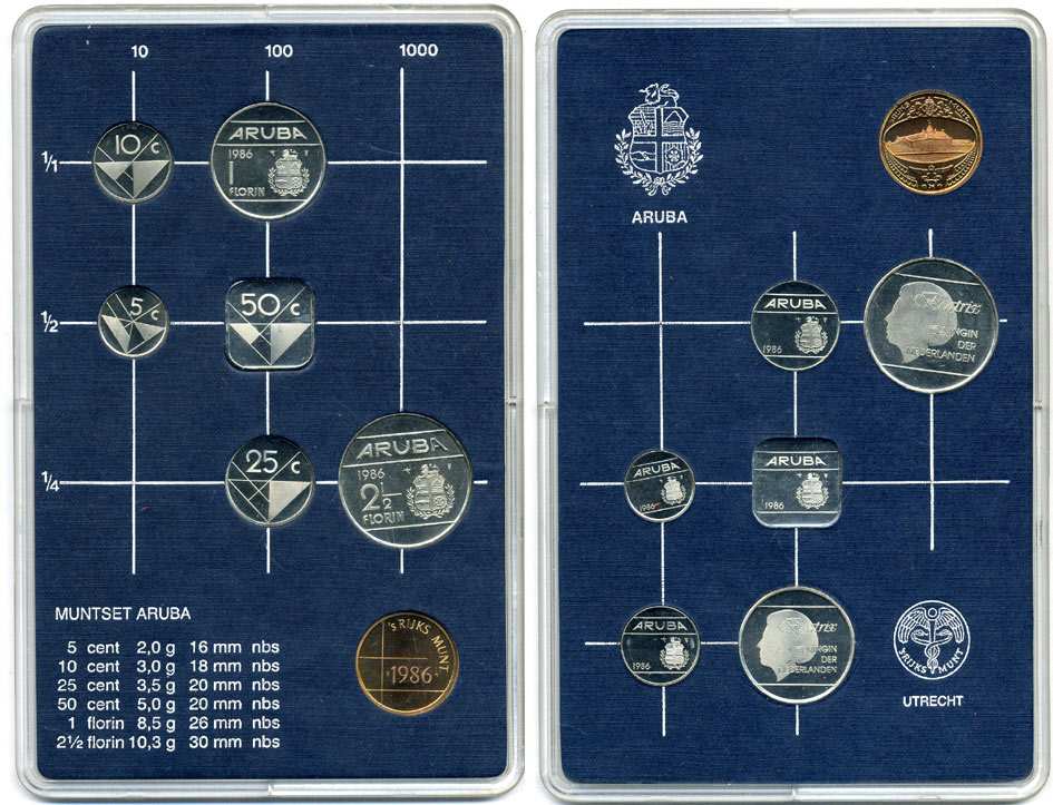 Аруба официальный набор из 6 монет 1986 в оригинальном пластиковом буклете, с жетоном монетного двора KM MS1 (KM 1 -6) UNC 5-4-1-03