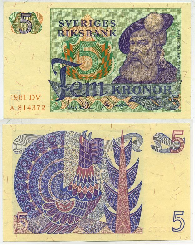 Швеция 5 крон 1981 DV, Густав I Ваза Pick 51d бумага aUNC 444-62-2