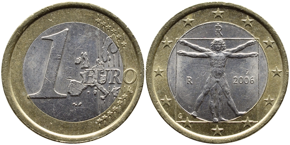 Италия 1 евро 2006 Витрувианский человек KM 216 биметалл 4391-135