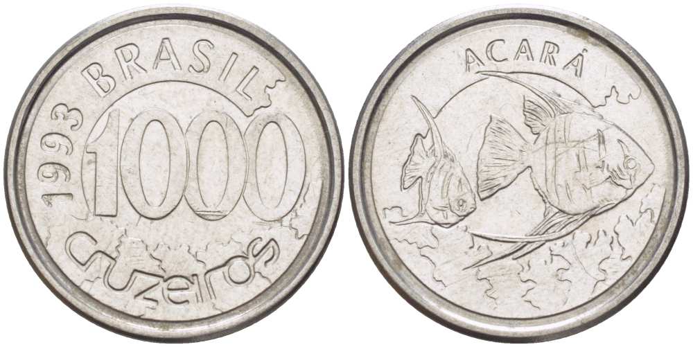 Бразилия 1000 крузейро 1993 реформа 1990-1993, рыбка Акара KM 626 нержавеющая сталь 26-1053