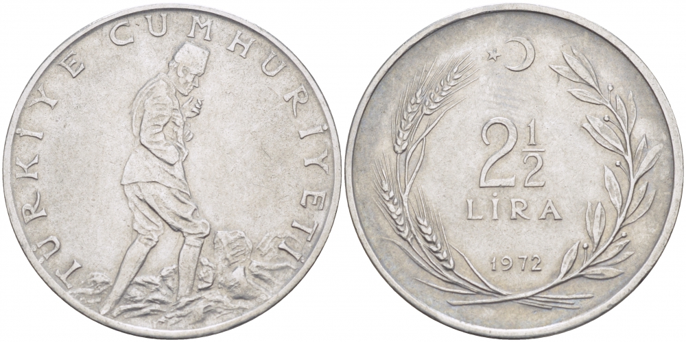 ТУРЦИЯ 2 1/2 ЛИРЫ 1972 KM 893.2 сталь 215-415
