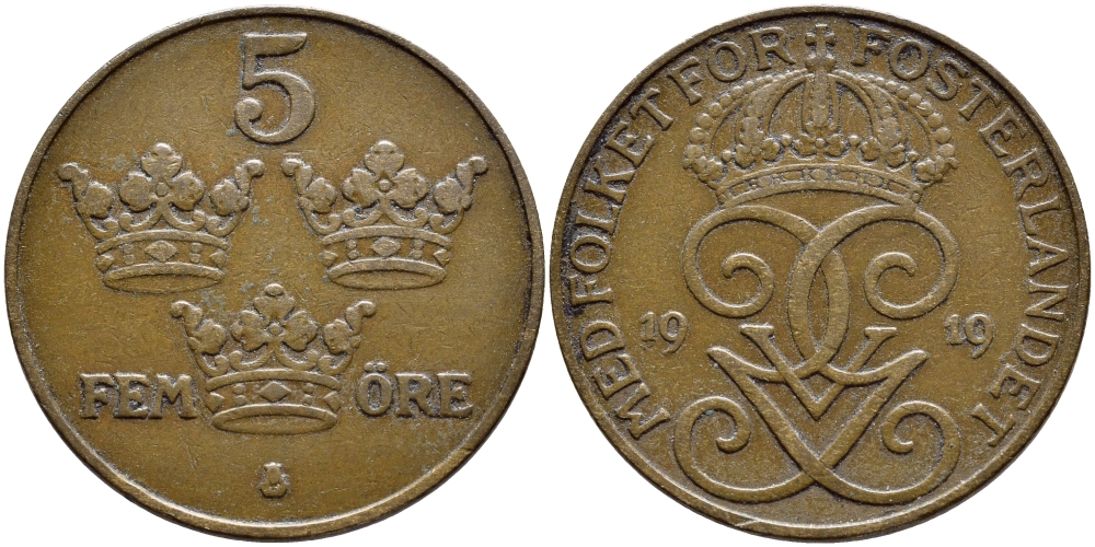 Швеция 5 эре 1919 Густав V (1907-1950) KM 779.2 бронза 4394-843