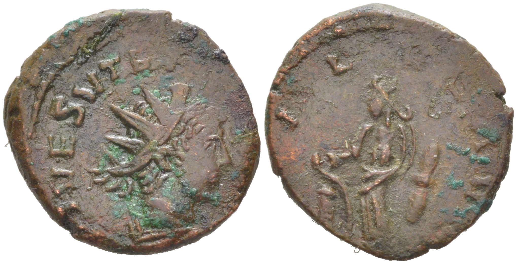 Римская Империя, императоры в Галлии антониниан 273 - 274 Тетрик II, C PIV ESV TETRICVS CAES, бюст цезаря / SALVS AVG, Салюта, персонификация Здоровья, локальная чеканка в Галлии RIC 267 биллон 1073-24-15