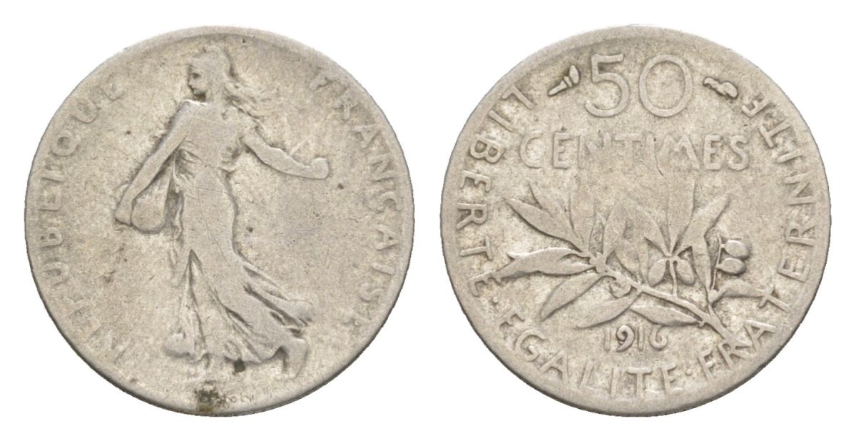Франция 50 сантимов 1916 KM 854 серебро 4630-426