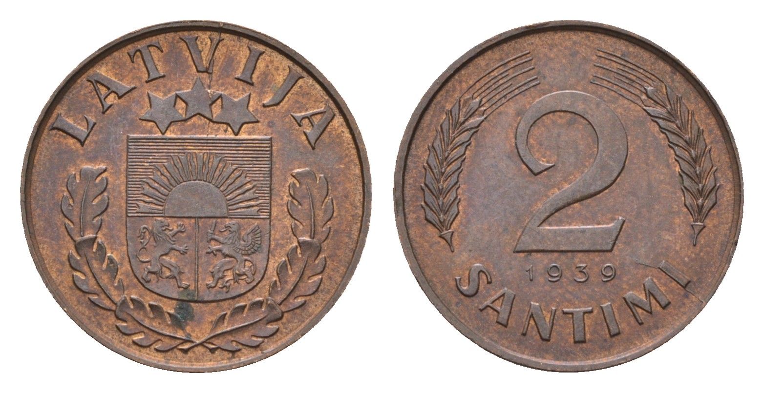 Латвия 2 сантима 1939 KM 11.2 бронза 4679-249