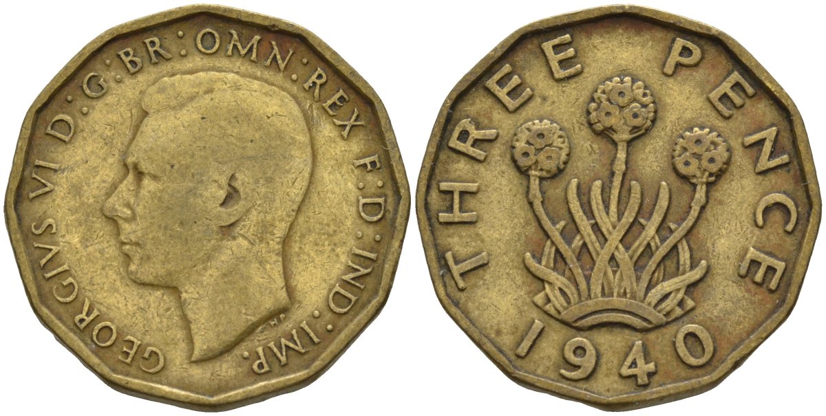 Великобритания 3 пенса 1940 Георг VI (1936-1952) KM 849, Spink 4112 никель латунь 4146-323