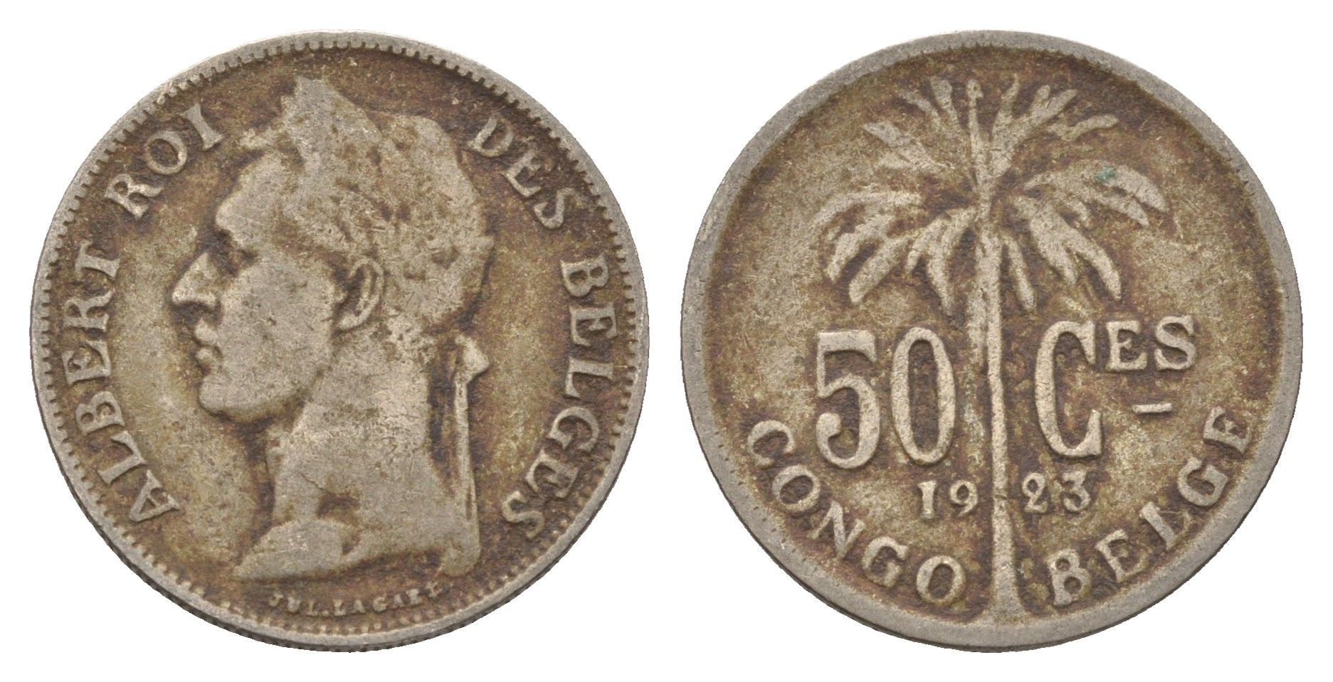 Бельгийское Конго 50 сантимов 1923 Надпись на французском - 'ALBERT ROI DES BELGES' KM 22 медно-никель 4121-945
