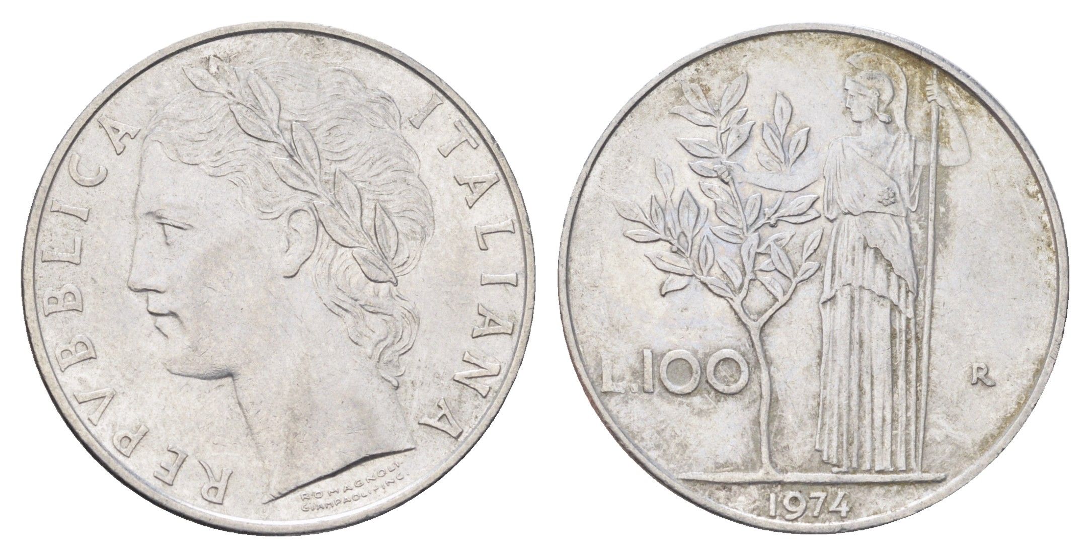 Италия 100 лир 1974 R, Афина в доспехах KM 96.1 нержавеющая сталь 4704-721