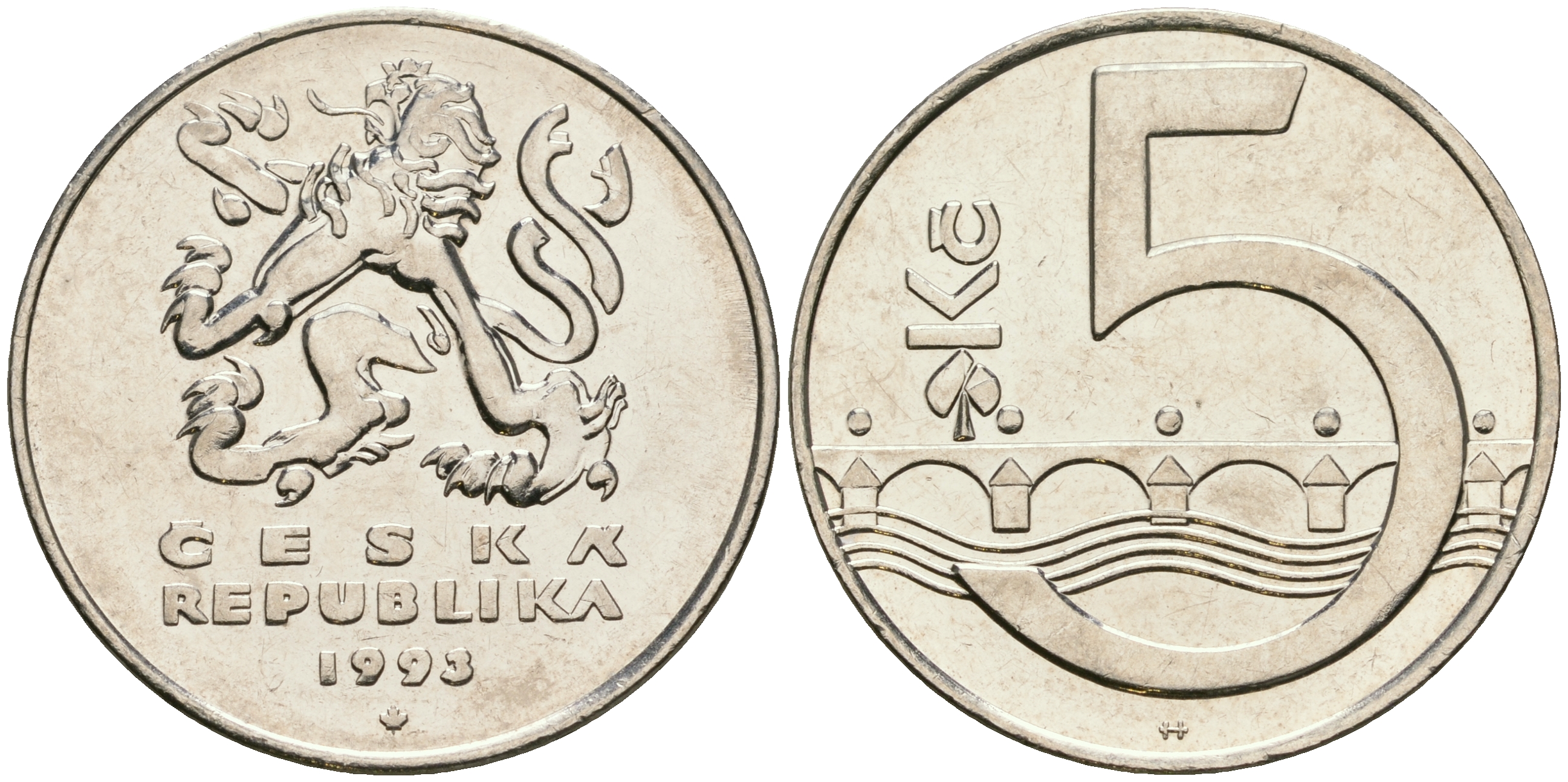 Чехия 5 крон 1993 чешский лев, Карлов мост KM 8 сталь плакированная никелем 08-931