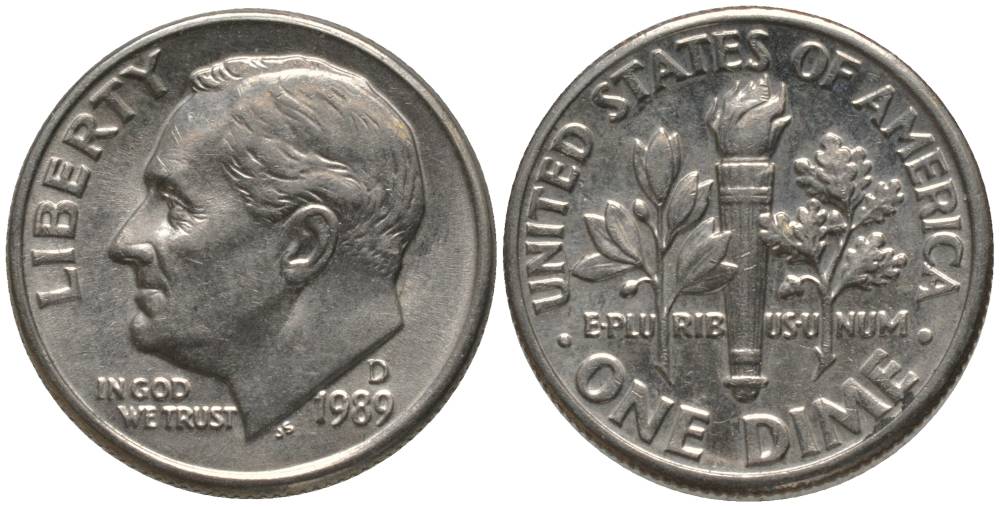 США 10 ЦЕНТОВ = 1 ДАЙМ 1989 D, РУЗВЕЛЬТ KM 195а медь плакированная медно-никелем 4396-342