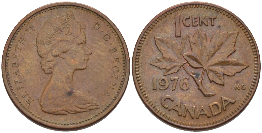 Канада 1 цент 1976 Елизавета II (1952-2022), кленовый лист KM 59.1 бронза 76-323